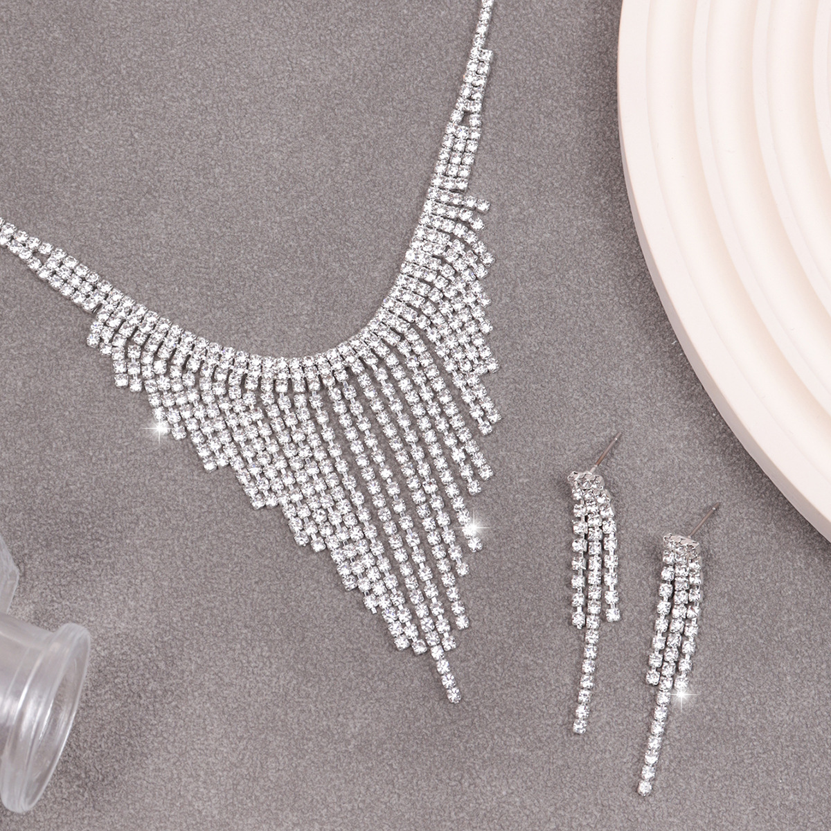 Women Crystal Rhinestone Jewelry Set With Waterfall Necklace and Drop Earrings
